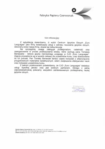 List referencyjny – Fabryka Papieru Czerwonak